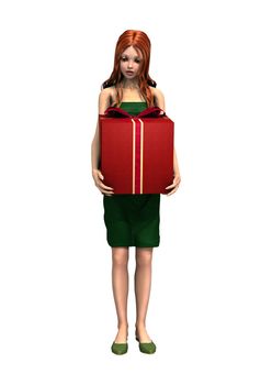 3D digital render of a beautiful girl with long hair holding a big red gift isolated on white background
