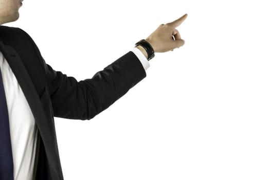 Businessman pointing with the left hand to the back