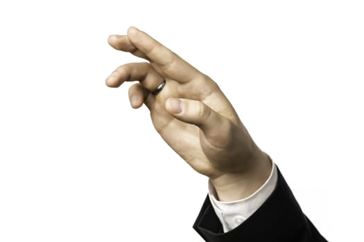 Detail of a hand of a businessman who is held up, isolated on white background