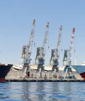 Row of four cranes in Eilat harbor, Israel