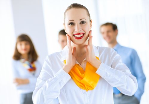 young successful business woman receiving congratulations from his colleagues