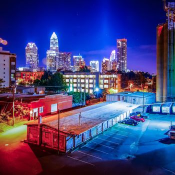 Charlotte City Skyline and architecture at night and milling factory