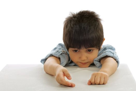 Little Boy in Striped Shirt Clench One's Fist Your Left Hand and Thinking on white background