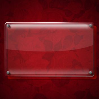 Glass or plexiglas framework on red velvet background with roses flowers

