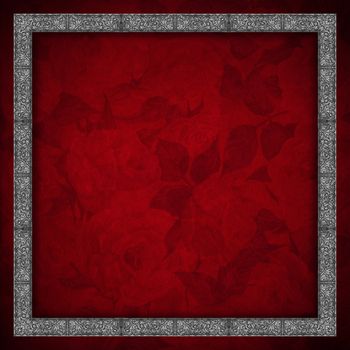 Red velvet texture background with roses flowers and silver floral frame