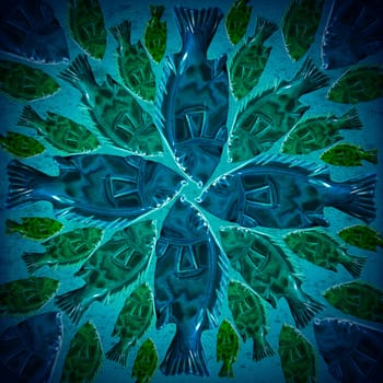 Blue and green seamless background with stylized fishes