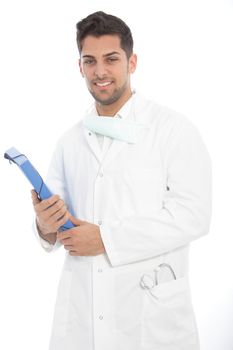 Handsome friendly young male doctor in a white lab coat standing holding a file in his hand and smiling at the camera, isolated on white