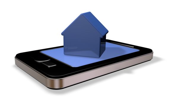smartphone with simple house model on display - 3d illustration