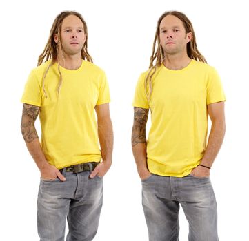 Photo of a male in his early thirties with long dreadlocks and posing with a blank yellow shirt.  Two different front views ready for your artwork or designs.
