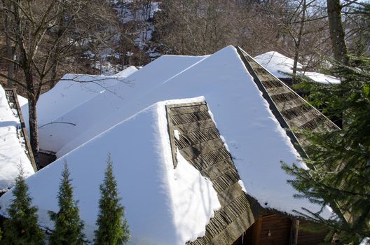 old village houses roofs covered with snow in winter forest.