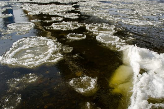 frozen snow ice pieces in the river in winter