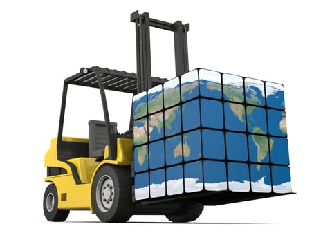 Concept of global transportation, modern yellow forklift carrying planet Earth in form of cube, isolated on white background. Elements of this image furnished by NASA.