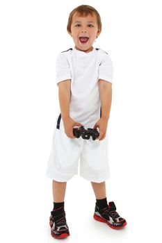 Adorable caucasian preschool boy with game controller and happy expression. Clipping path.