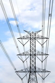 High voltage electricity pylon and blue sky