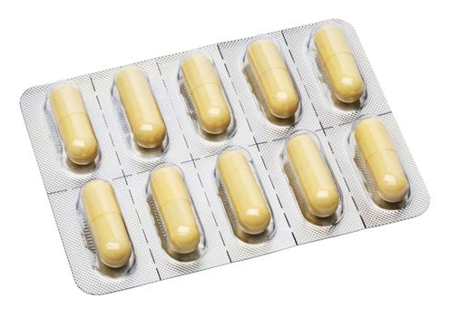 Yellow capsules in aluminium foil strips