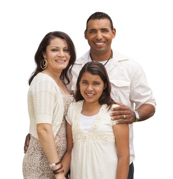 Hispanic Mother, Father and Daughter Isolated on a White Background.