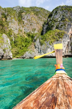 Boats at sea against the rocks in Thailand. Phi Phi Island