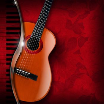 Acoustic brown guitar and piano against a red floral background 
