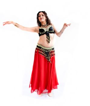 exotic young belly dancer, oriental dance isolated on white background