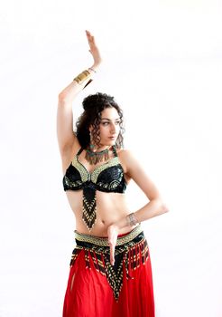 exotic young belly dancer, oriental dance isolated on white background