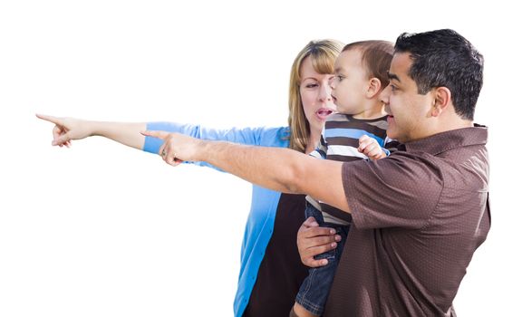 Attractive Mixed Race Couple Pointing With Son Isolated on a White Background.