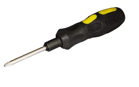 Common black and yellow screwdriver isolated on a white background.