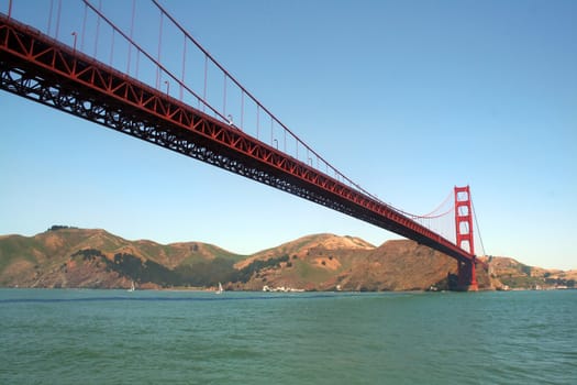 The Golden Gate Bridge in San Francisco from the water on a clear day.