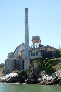 The ruins of the smoke stack and power house on Alcatraz Island.