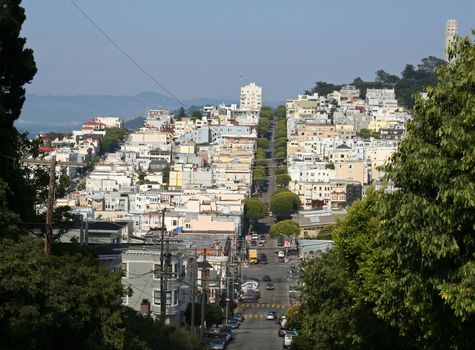 The view of San Francisco from Lombard Street looking towards the bay area.
