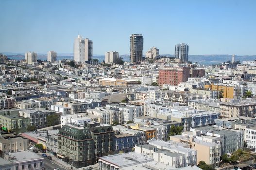 The view of San Francisco skyline from Van Ness Avenue looking towards the bay area.