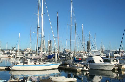 Southport Marina on the Gold Coast Australia just after sunrise with Southport in the background.