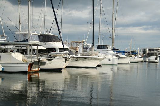 Bows of boats lined up at Southport Marina on the Gold Coast Australia in the early morning light.