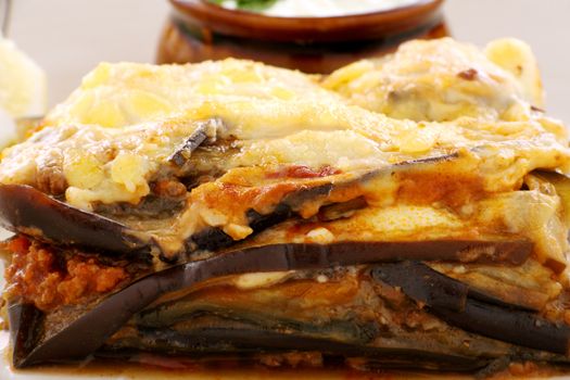 Delicious Greek moussaka with aubergine, beef and cheese.
