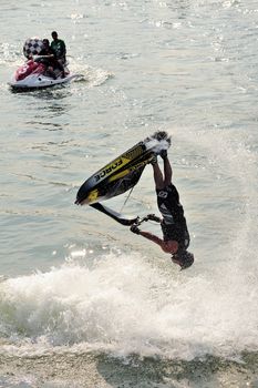 Ales - France - on July 14th, 2013 - Championship of France of Jet Ski on the river Gardon. lifting category or freestyle