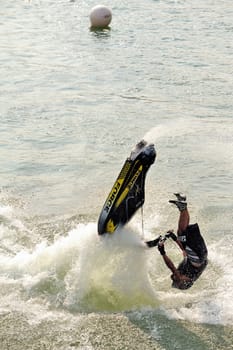 Ales - France - on July 14th, 2013 - Championship of France of Jet Ski on the river Gardon. lifting category or freestyle