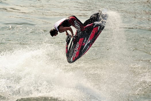 Ales - France - on July 14th, 2013 - Championship of France of Jet Ski on the river Gardon. lifting category or freestyle