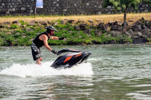 Ales - France - on July 14th, 2013 - Championship of France of Jet Ski on the river Gardon. lifting category or freestyle