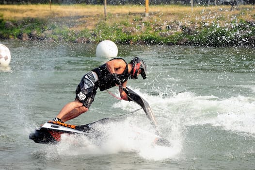 Ales - France - on July 14th, 2013 - Championship of France of Jet Ski on the river Gardon. lifting category or freestyle