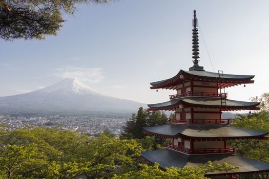 Red pagoda with Mt. Fuji as the background