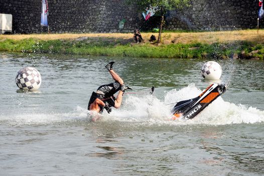 Ales - France - on July 14th, 2013 - Championship of France of Jet Ski on the river Gardon. lifting category or freestyle