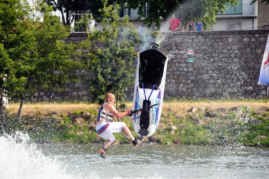 Ales - France - on July 14th, 2013 - Championship of France of Jet Ski on the river Gardon. lifting category or freestyle