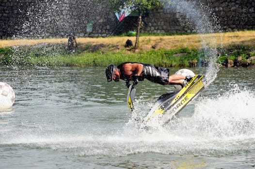 Ales - France - on July 14th, 2013 - Championship of France of Jet Ski on the river Gardon. lifting category or freestyle