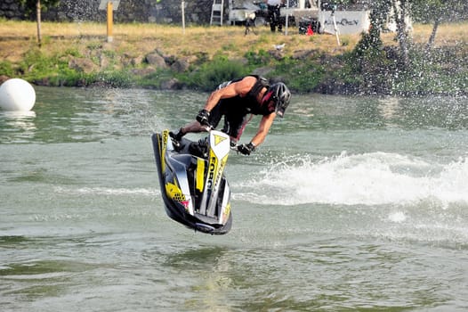 Ales - France - on July 14th, 2013 - Championship of France of Jet Ski on the river Gardon. lifting category or freestyle