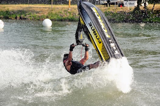 Ales - France - on July 14th, 2013 - Championship of France of Jet Ski on the river Gardon. lifting category or freestyle