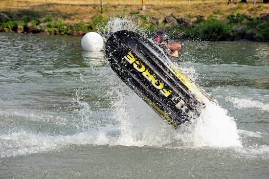 Ales - France - on July 14th, 2013 - Championship of France of Jet Ski on the river Gardon. lifting category or freestyle