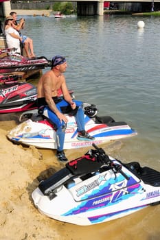 Ales - France - on July 14th, 2013 - Championship of France of Jet Ski on the river Gardon. lifting category or freestyle