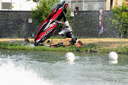 Ales - France - on July 14th, 2013 - Championship of France of Jet Ski on the river Gardon. lifting category or freestyle