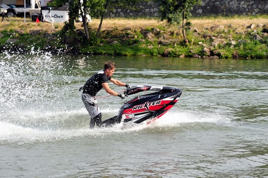 Ales - France - on July 14th, 2013 - Championship of France of Jet Ski on the river Gardon. lifting category or freestyle