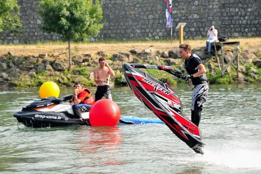 Ales - France - on July 14th, 2013 - Championship of France of Jet Ski on the river Gardon. lifting category or freestyle