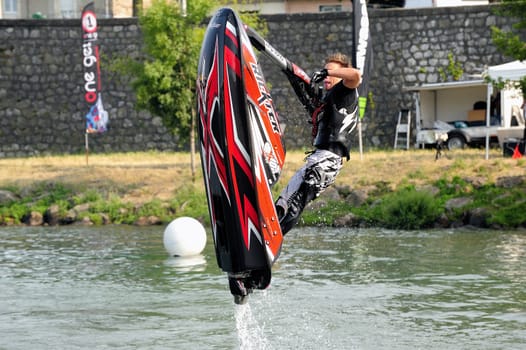 Ales - France - on July 14th, 2013 - Championship of France of Jet Ski on the river Gardon. lifting category or freestyle